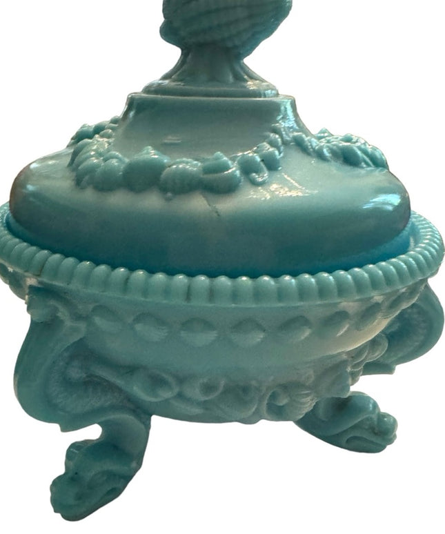 Vintage candy box Portieux Vallerystall blue opaline lid shells feet cut box