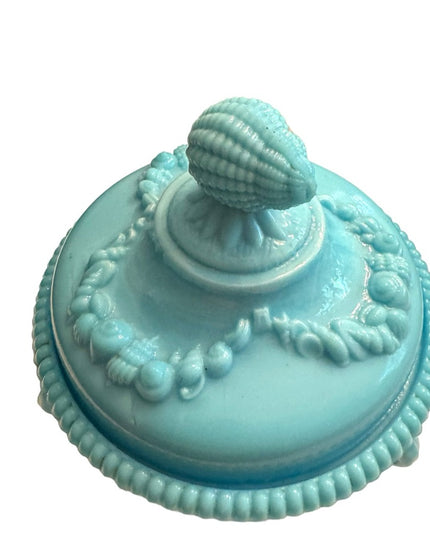 Vintage candy box Portieux Vallerystall blue opaline lid shells feet cut box