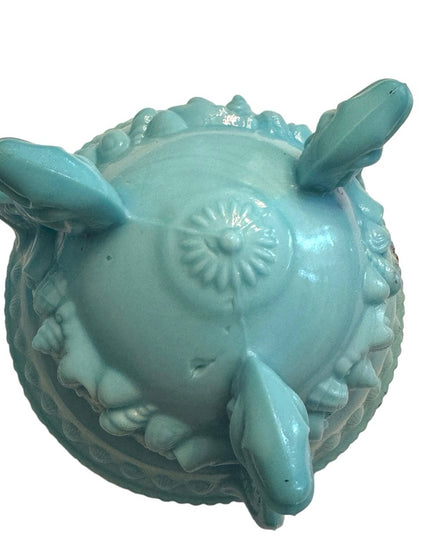 Vintage candy box Portieux Vallerystall blue opaline lid shells feet cut box