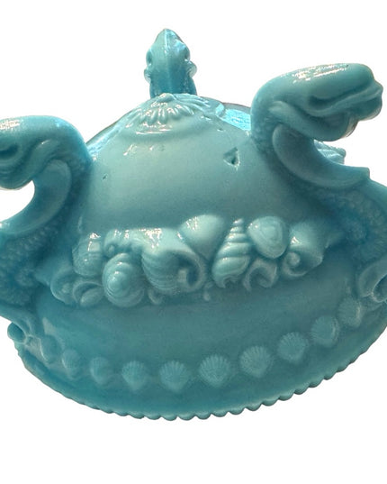 Vintage candy box Portieux Vallerystall blue opaline lid shells feet cut box