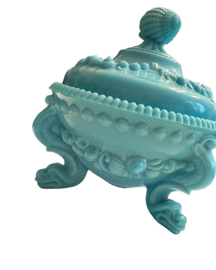 Vintage candy box Portieux Vallerystall blue opaline lid shells feet cut box