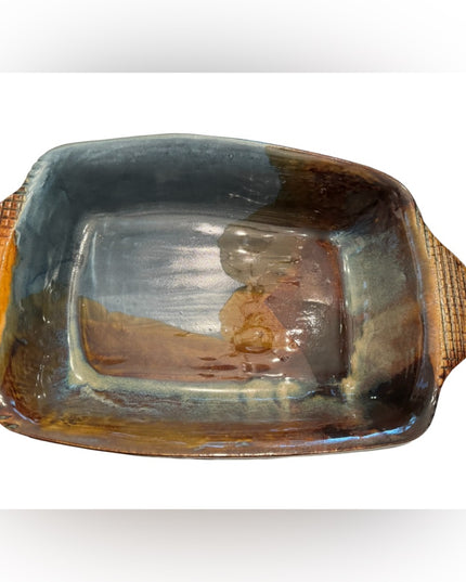Vintage handmade glazed pottery casserole dish serving dish