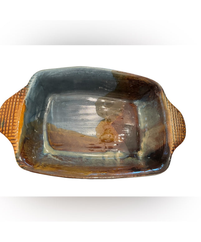 Vintage handmade glazed pottery casserole dish serving dish