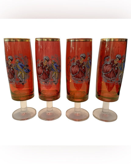 A set of 4 gilt cranberry glass short-stem champagne flutes 1700s Couple dancing