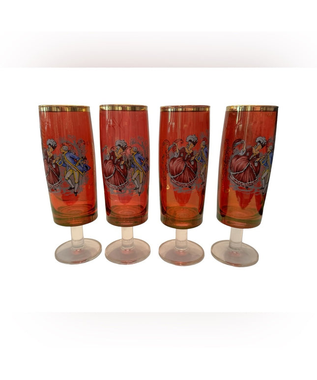 A set of 4 gilt cranberry glass short-stem champagne flutes 1700s Couple dancing