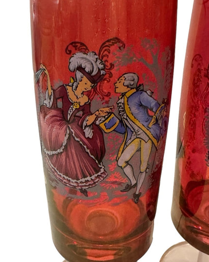 A set of 4 gilt cranberry glass short-stem champagne flutes 1700s Couple dancing
