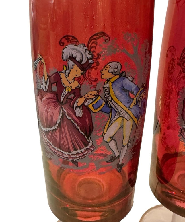 A set of 4 gilt cranberry glass short-stem champagne flutes 1700s Couple dancing