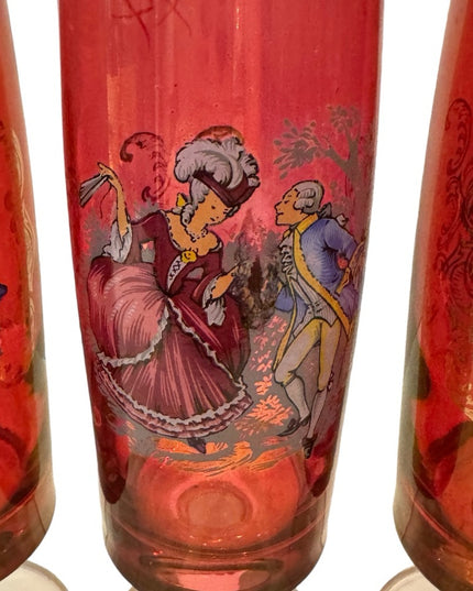 A set of 4 gilt cranberry glass short-stem champagne flutes 1700s Couple dancing