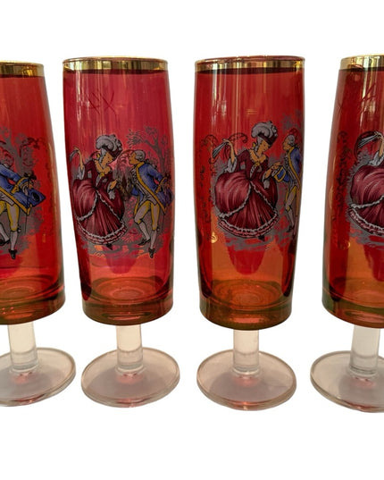 A set of 4 gilt cranberry glass short-stem champagne flutes 1700s Couple dancing