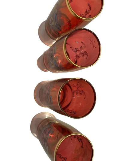 A set of 4 gilt cranberry glass short-stem champagne flutes 1700s Couple dancing