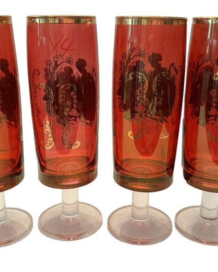 A set of 4 gilt cranberry glass short-stem champagne flutes 1700s Couple dancing