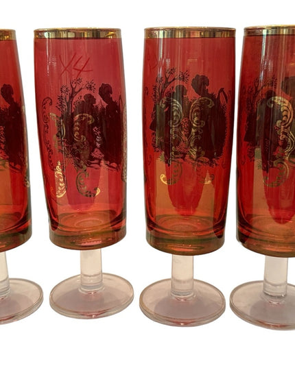 A set of 4 gilt cranberry glass short-stem champagne flutes 1700s Couple dancing