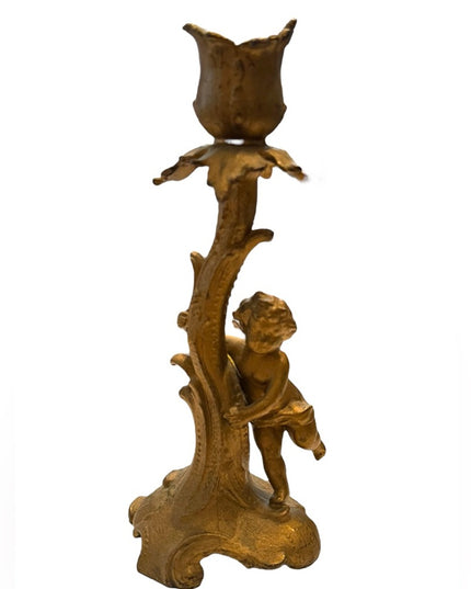 Antique Cast metal gold antiqued angel candle holder