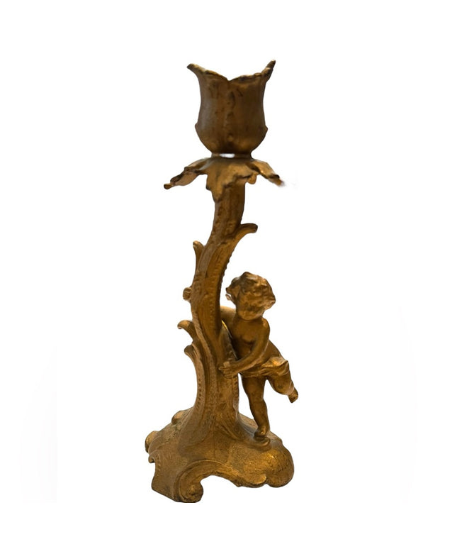 Antique Cast metal gold antiqued angel candle holder