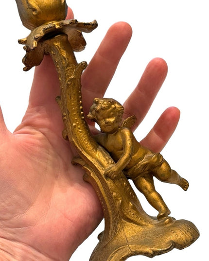 Antique Cast metal gold antiqued angel candle holder