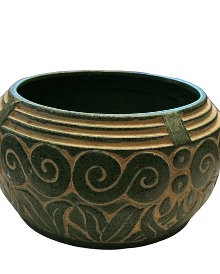 Vintage RARE Claire Burke Green Planter deco swirl design  Pottery Bowl clay