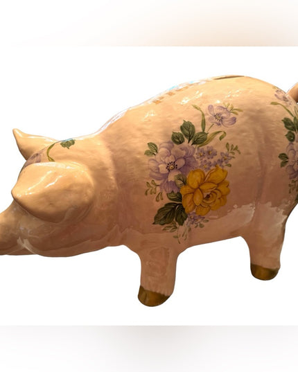 Vintage 1940s Ceramic hand painted PIGGY PIG Large BANK floral ceramic