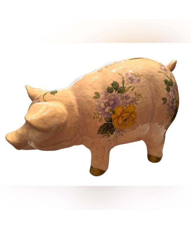 Vintage 1940s Ceramic hand painted PIGGY PIG Large BANK floral ceramic