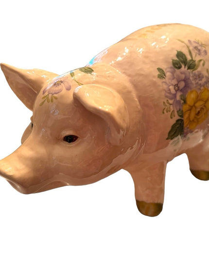 Vintage 1940s Ceramic hand painted PIGGY PIG Large BANK floral ceramic