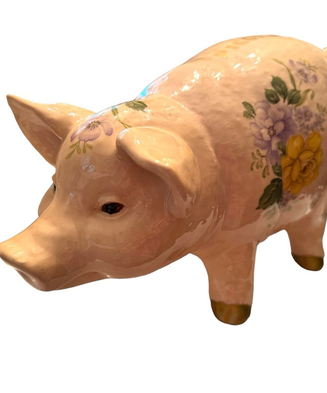 Vintage 1940s Ceramic hand painted PIGGY PIG Large BANK floral ceramic