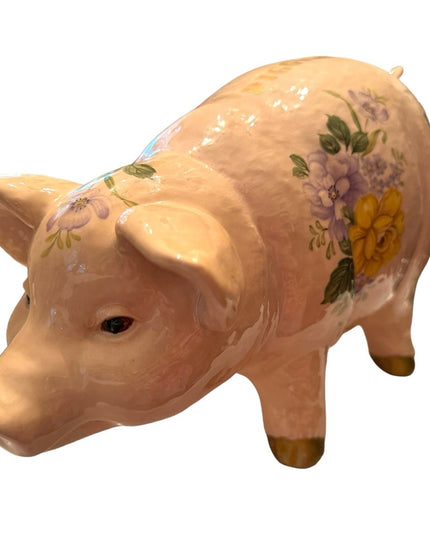 Vintage 1940s Ceramic hand painted PIGGY PIG Large BANK floral ceramic