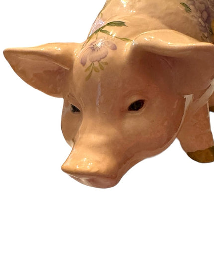 Vintage 1940s Ceramic hand painted PIGGY PIG Large BANK floral ceramic