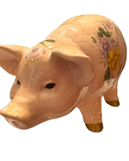 Vintage 1940s Ceramic hand painted PIGGY PIG Large BANK floral ceramic