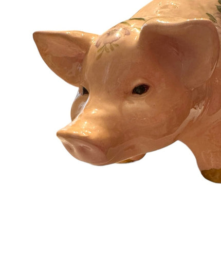 Vintage 1940s Ceramic hand painted PIGGY PIG Large BANK floral ceramic