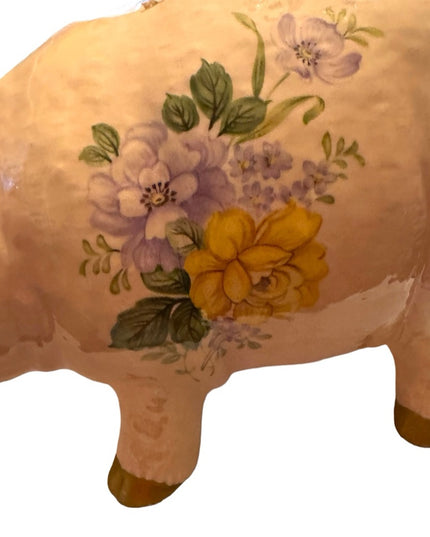 Vintage 1940s Ceramic hand painted PIGGY PIG Large BANK floral ceramic