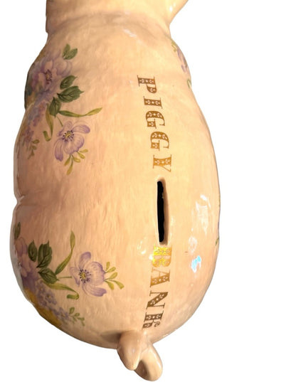 Vintage 1940s Ceramic hand painted PIGGY PIG Large BANK floral ceramic