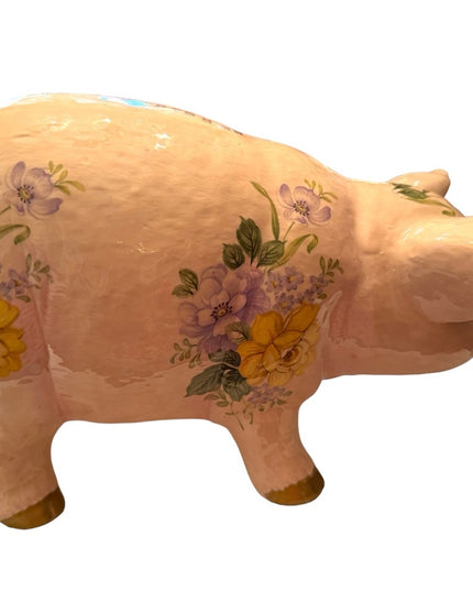 Vintage 1940s Ceramic hand painted PIGGY PIG Large BANK floral ceramic