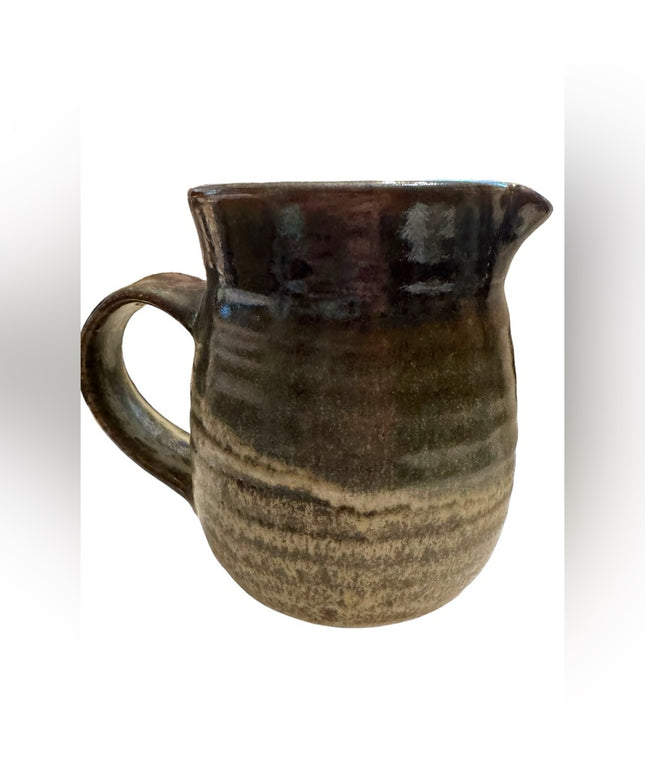 Vintage handmade signed glazed pottery earthy colors blue gray 5” creamer server
