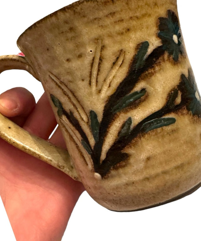 Vintage hand made pottery floral flowers coffee tea mug
