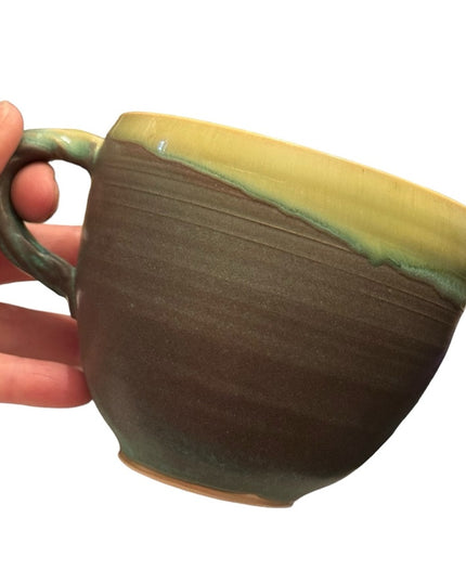 Lovely vintage green hues hand made pottery mug cup coffee tea