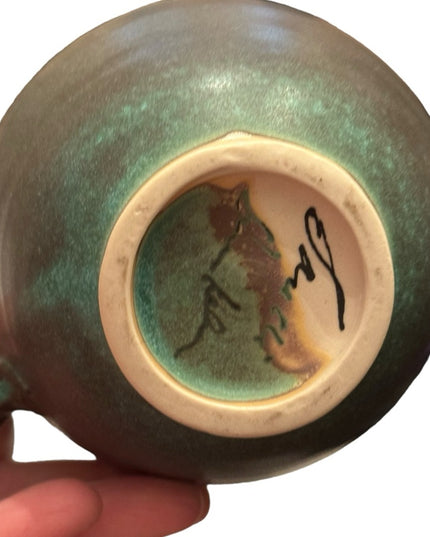 Lovely vintage green hues hand made pottery mug cup coffee tea