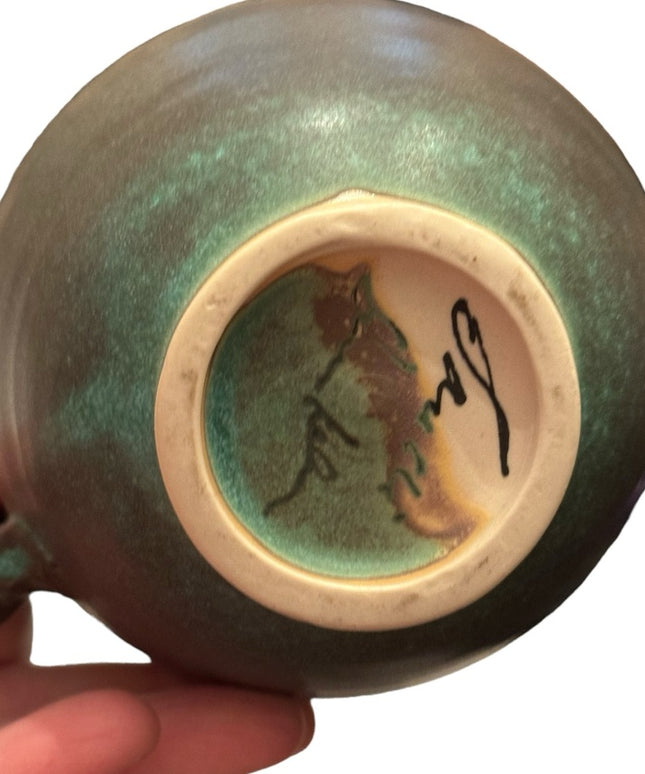 Lovely vintage green hues hand made pottery mug cup coffee tea