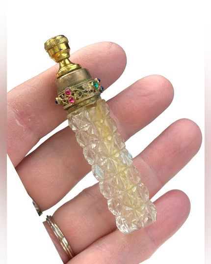 Antique cut glass fancy ornate art deco perfume dabber small bottle