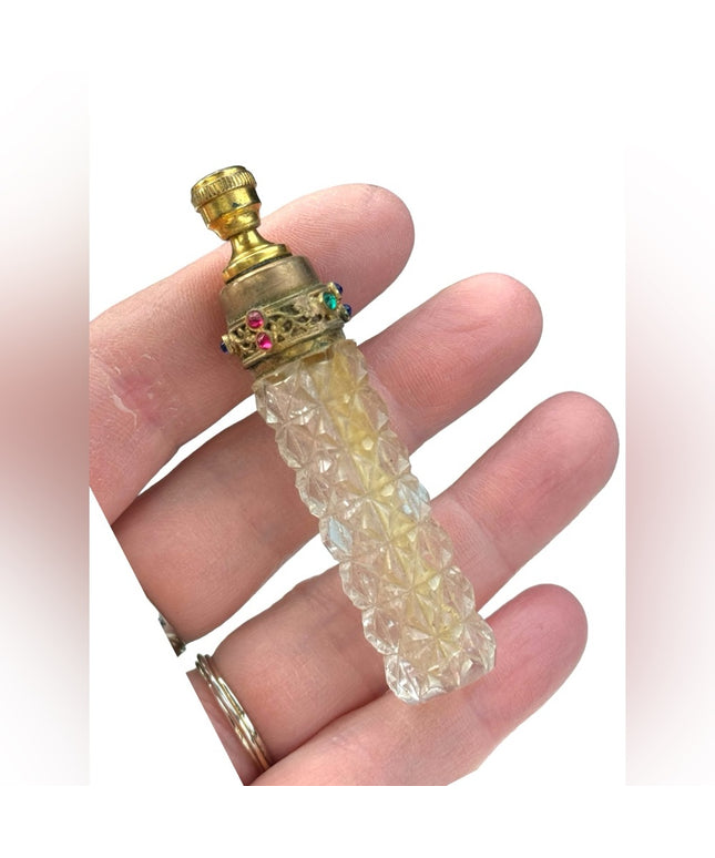 Antique cut glass fancy ornate art deco perfume dabber small bottle
