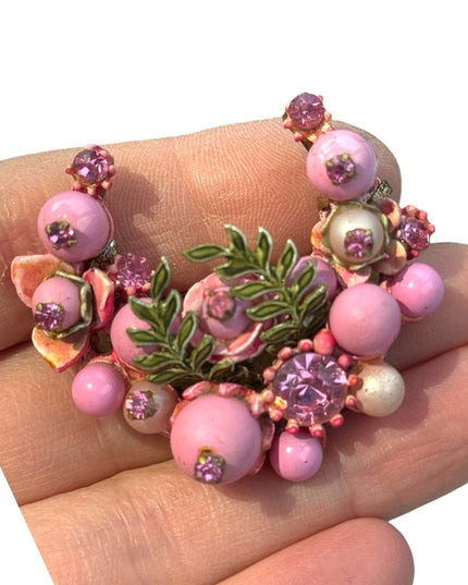 Stunning MC  pink bead crystal half wreath crescent fancy brooch 1950s