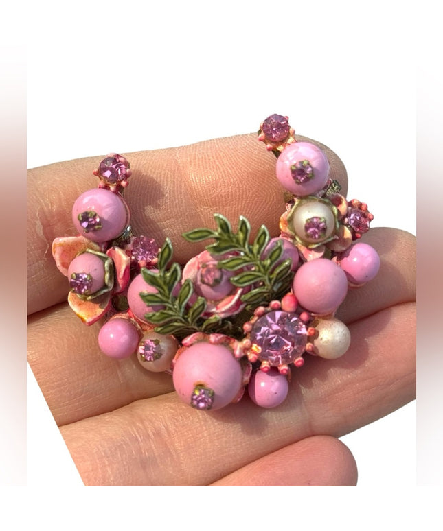 Stunning MC  pink bead crystal half wreath crescent fancy brooch 1950s