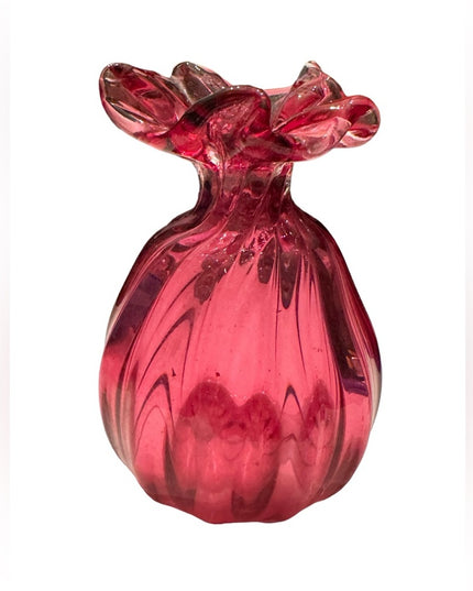 Rossi Dark Cranberry Glass Ruffled Sack Vase Vintage MidCentury Modern Art Glass