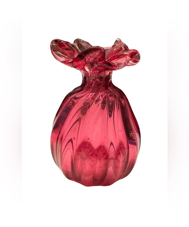 Rossi Dark Cranberry Glass Ruffled Sack Vase Vintage MidCentury Modern Art Glass
