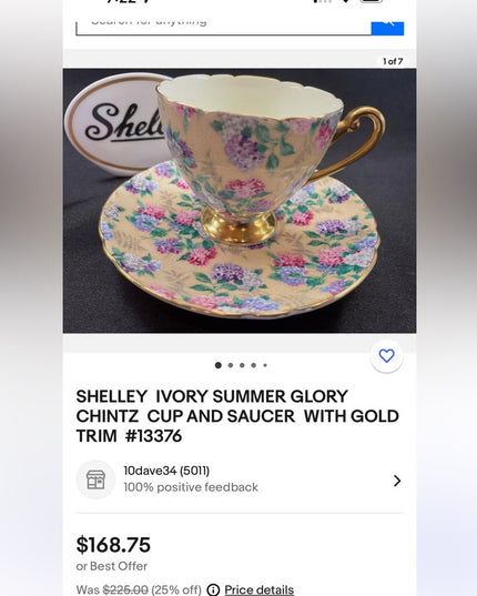 Vintage SHELLEY  IVORY SUMMER GLORY  CHINTZ  CUP AND SAUCER  WITH GOLD TRIM
