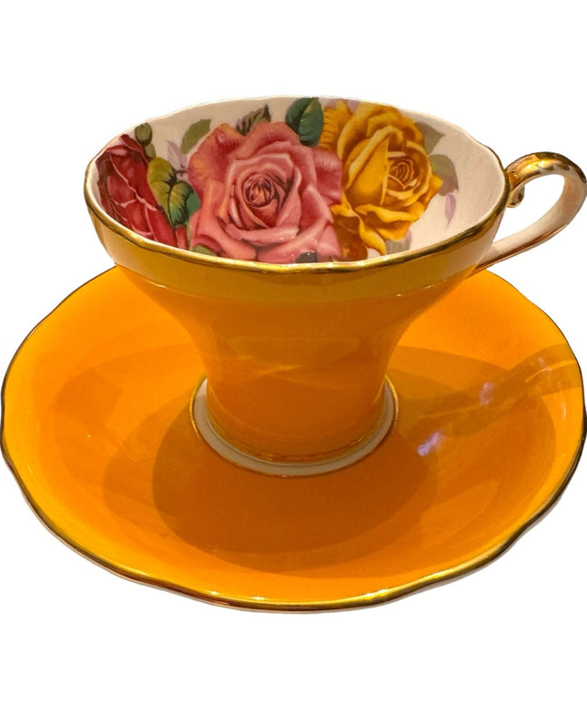 Aynsley Three Roses RARE Corset  Bone China Deep Yellow Tea Cup saucer