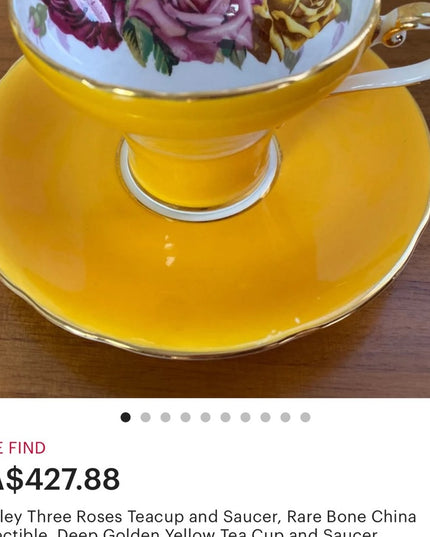 Aynsley Three Roses RARE Corset  Bone China Deep Yellow Tea Cup saucer