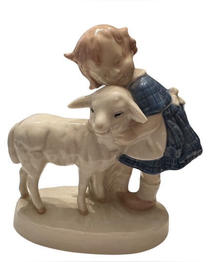 Vintage Carl Scheidig girl with Lamb Porcelain Figurine Blue And White
