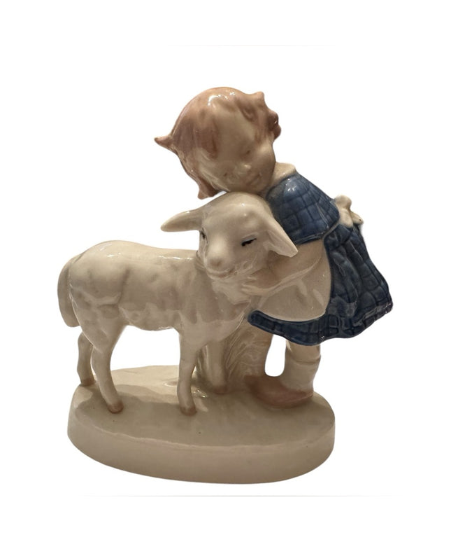 Vintage Carl Scheidig girl with Lamb Porcelain Figurine Blue And White
