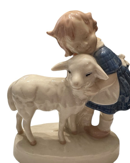 Vintage Carl Scheidig girl with Lamb Porcelain Figurine Blue And White
