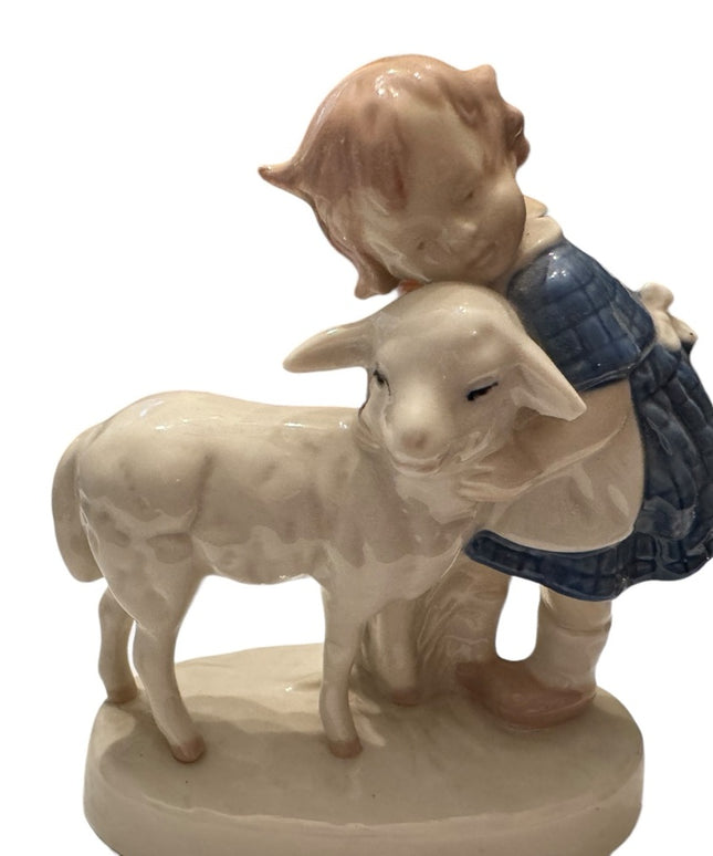Vintage Carl Scheidig girl with Lamb Porcelain Figurine Blue And White