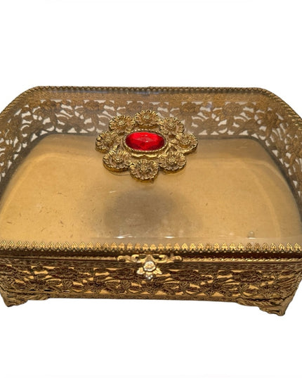 Vintage Gold plated fancy filagree ornate metal bejeweled vanity box jewelry